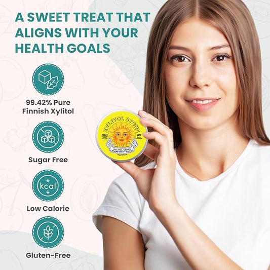 Xylitol Stone Sugar Free Candy - Vegan & Keto Friendly Unique Hard Candy - 100% Natural Flavor Candies - Gluten Free & Non-GMO Breath Freshener Mints - Pack of 6 (2 Strawberry, 2 Lemon, 2 Peach)