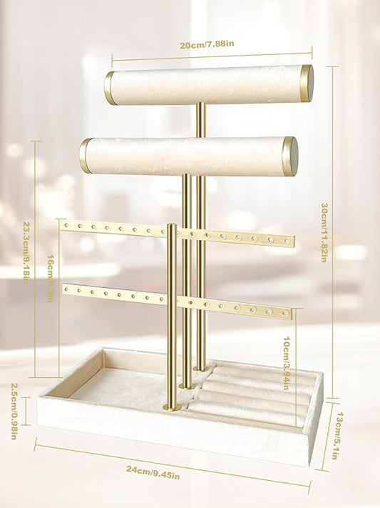 3 Tier Jewelry Organizer Stand with Detachable Ring Tray, Multi-functional necklace Holder for Bracelet, Earring, Elegant Closet Decor Gift for Women (White)
