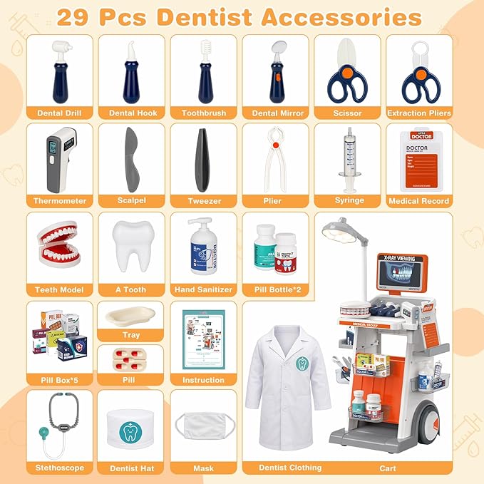 Dreamon Doctor Kit for Toddlers 3-5 Pretend Play Toys - 29 Pcs Kids Dentist Cart Play Set with Light and Costume - Role Play Medical Toy for 3+ Year Old Boys and Girls Christmas Birthday Gifts