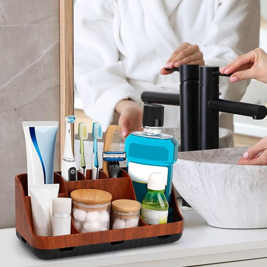 Bathroom Decor and Accessories - Detachable 7 Slots Kids Electric Toothbrush and Toothpaste Holde for Bathroom Tray Countertop Vanity Storage, Bathroom Sink Storage Organizer, Red Wood
