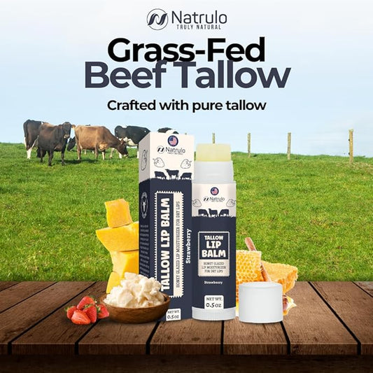 Beef Tallow Lip Balm – Natural Tallow Beeswax Chapstick – Hydrating Moisturizer Grass Fed Tallow Balm Care – Soothes Chapped Dry Lips Sensitive Skin – Long Lasting Vitamin Rich USA-Made, Strawberry