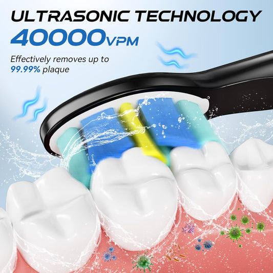 YUNCHI Electric Toothbrush for Adults, Battery Toothbrush, Rechargeable Sonic Electric Tooth Brush with 8 Brush Heads, 5 Modes & 2 Minutes Smart Timer, IPX7 Waterproof, One Charge for 30 Days, Black