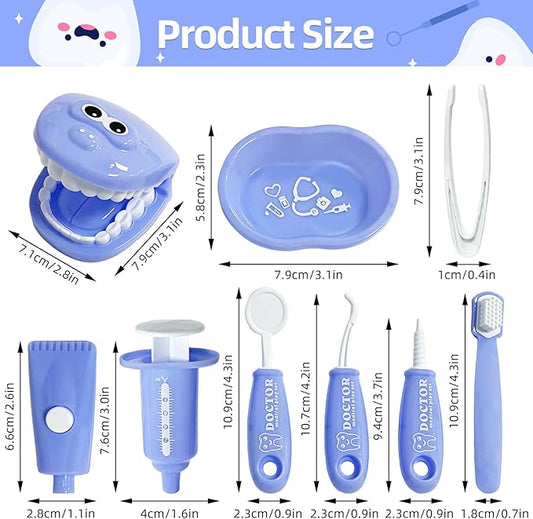 9-Piece Dental Pretend Play Set, Educational Dentist Play Kit with Teeth Model, Toothbrush, Dental Mirror, Syringe, Toothpaste, Tray, and Dental Tools, Fun Pretend Play Doctor Kit for Kids (Purple)