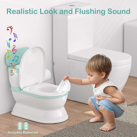 2-in-1 Toddler Potty Training Toilet - Larger Potty Chair & Detachable Training Seat for Boys & Girls Ages 1-3 with Flushing Sound, Wipes Storage, Toilet Paper Holder - Cyan