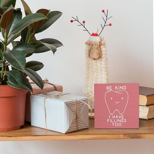 Dental Decor Wooden Signs,Pink Dental Hygienist Wooden Box Sign,Funny Dentist For Home Office Shelf Table Decor 5x5 Inches,Dental School Gift, Dentist Gifts