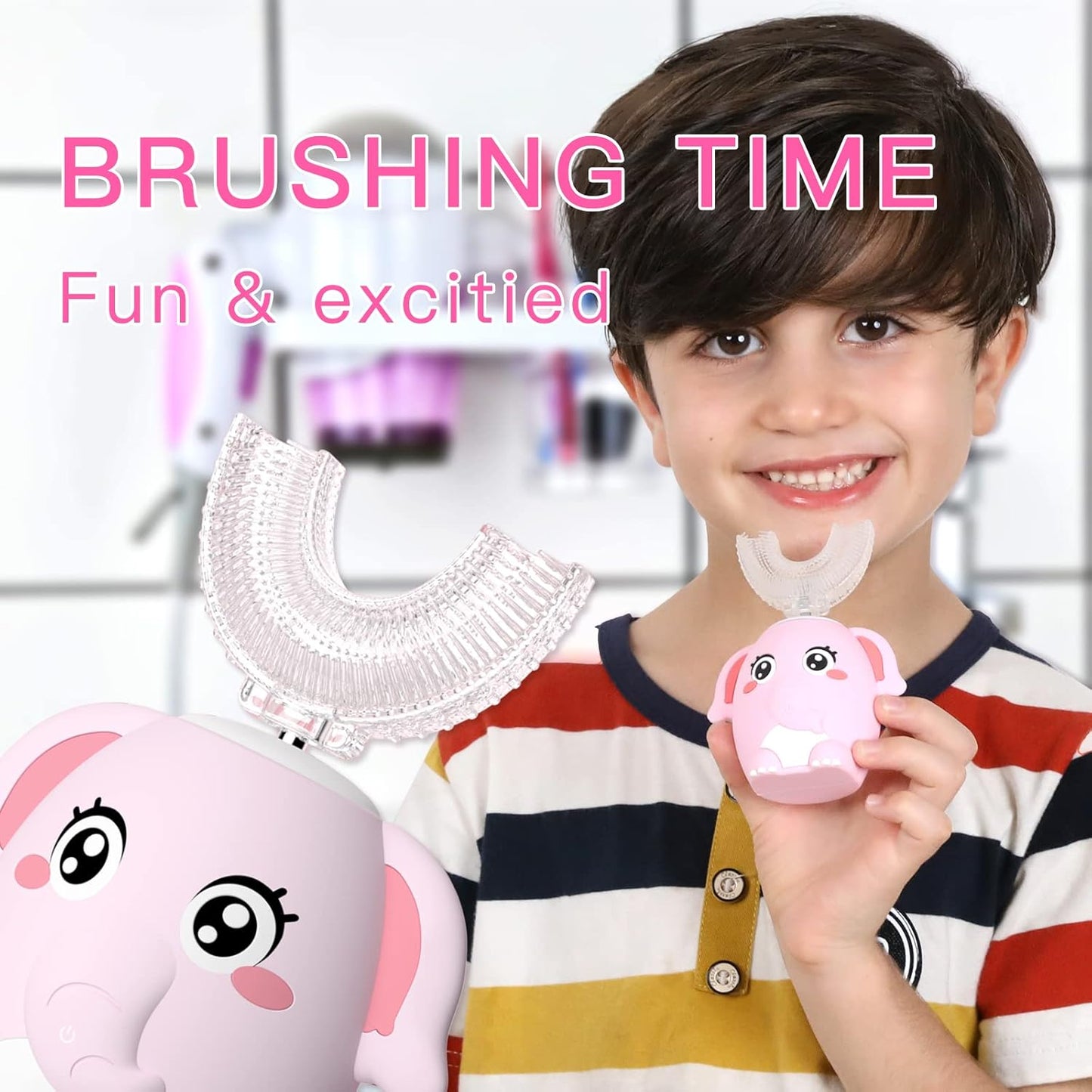 Kids Electric U Shaped Toothbrush Children Rechargeable Sonic Toothbrush with 4 Brush Heads Full Mouth 6 Cleaning Modes -(Age 8-15 Pink)