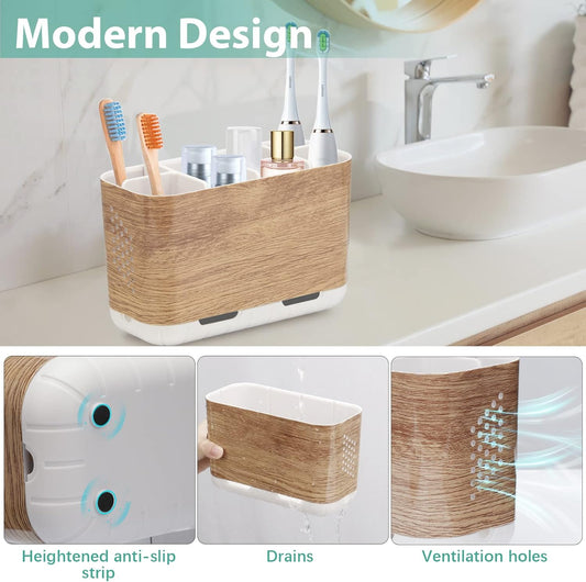 Boperzi Toothbrush and Toothpaste Holder Wood Grain for Bathroom Countertop with Adjustable Dividers, Toothpaste Caddy Organizer Storage Rustic Decor Set Freestanding Anti-Slip for Shower,Family,Kids
