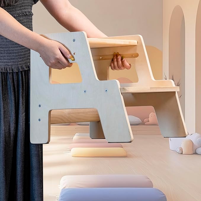 Toddler Step Stool for Kids - Height Adjustable Non-Slip Wooden Step Stool for Bathroom Sink, Kitchen & Potty Training 2-Step - Natural