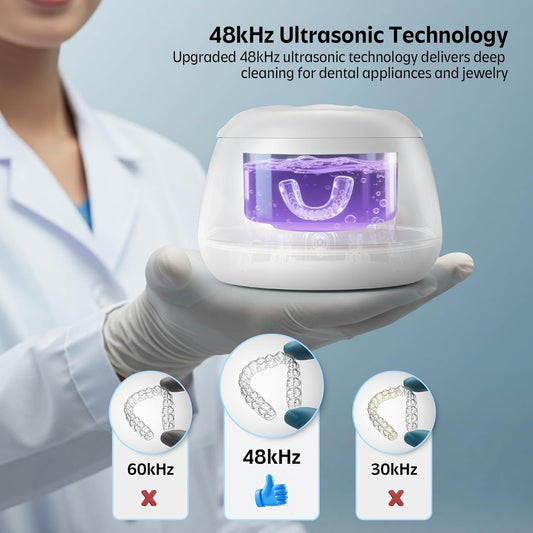 Ultrasonic Retainer Cleaner Machine 48kHz Denture and Aligner Cleaning Pod for Mouth Guards Night Guards Dental Trays Braces Toothbrushes Jewelry with 200ML Capacity (Blue)