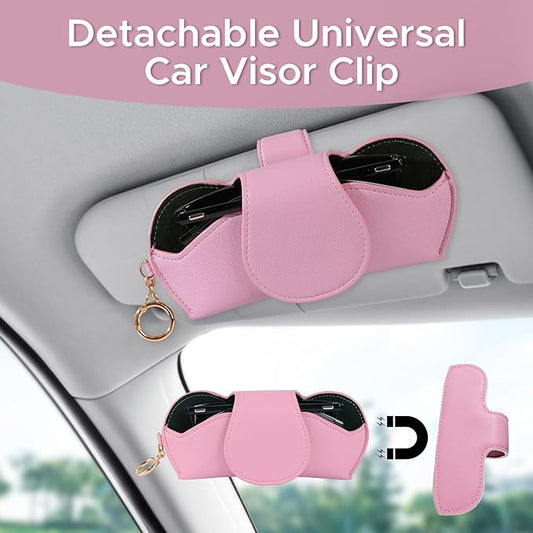 KINIVA Sunglasses Holder for Car Visor with Hanging Hook Portable Leather Glasses Storage Bag with Detachable Clips