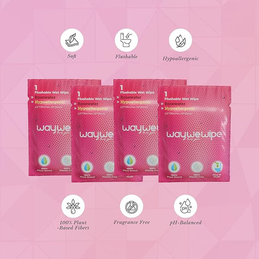 On-The-Go Flushable Feminine Wet Wipes, 32 Count XL Individually Wrapped Female Wipes, Hypoallergenic 100% Plant Based Septic Safe, Travel Size Adult Cleansing Cloth for Women, Rosewater