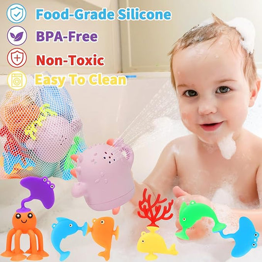 Baby Bath Toys, 13 Pcs Silicone Mold Free Bath Toys with a Storage Bag, Squeezable Dinosaurs Bathtub Toys, No Hole Sensory Ocean Animal Suction Cup Toys for Toddlers 1 2 3 4 5 6 Years