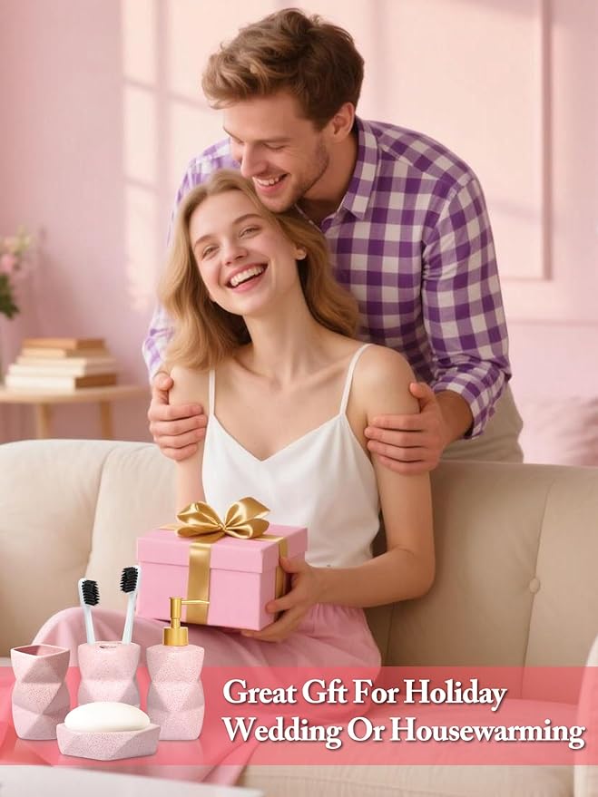 Bathroom Accessories Set,4 Pcs Bathroom Accessory Set,Includes Lotion Soap Dispenser,Toothbrush Holder,Tumbler,Soap Dish,Ceramic Bathroom Sets Complete,Bathroom Sink Set for Modern Home Decor(Pink)