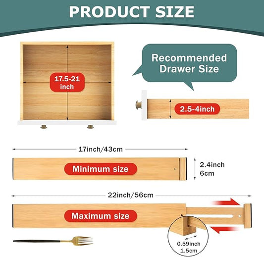 Lzerking Drawer Divider 4 Pack, Kitchen Bamboo Drawer Organizers, 17-22" Adjustable Wood Dividers for Clothes, Spring Loaded, Works in Kitchen, Dresser, Bathroom and Bedroom
