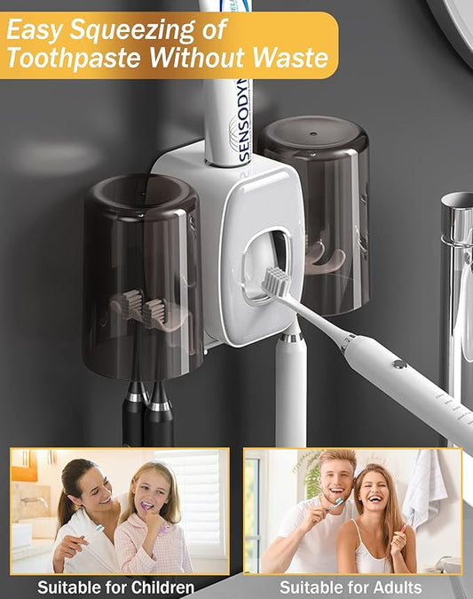 WAYCOM Toothpaste Dispenser Bathroom Accessories, 2 Cups Toothbrush Holder Wall Mounted Bathroom Decor Smart Home Products Tooth Brushing Holder with Automatic Toothpaste Dispenser Bathroom Organizer