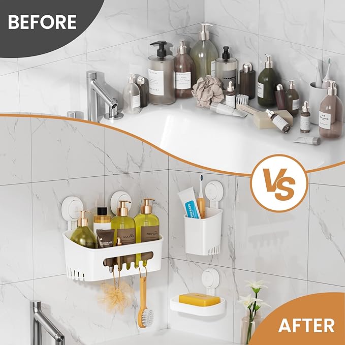 LEVERLOC Shower Caddy Suction Cup Set Shower Organizer & Soap Holder & Toothbrush Holder, Bathroom Shelf Basket NO-Drilling, Removable Suction Storage Waterproof Bathroom Caddy, White