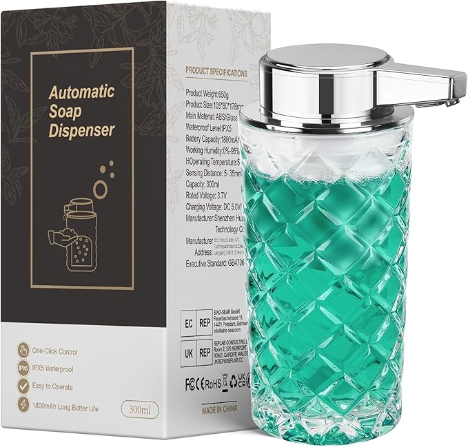 Automatic Soap Dispenser Liquid for Kitchen: 11 OZ Glass Touchless Clear Auto Soap Dispenser for Bathroom - Hand Dish Lotion Home Countertop Kids - Family Couple