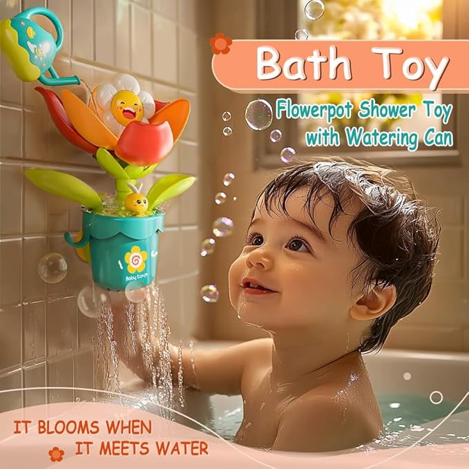 Baby Bath Toy Flower Watering Can Pool Bath Tub Toy with Strong Suction Cup for Baby Age 3+ Years Old Toddlers Boys Girls, BPA Free, Kids Shower Gifts