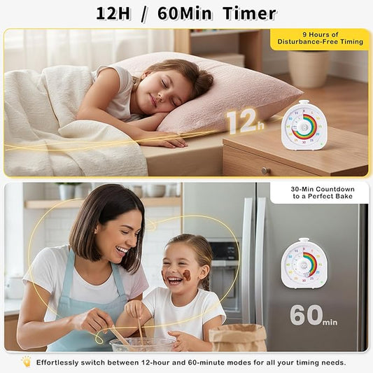 Visual Timer for Kids – 60min/12h Rainbow Magnetic Timer for Classroom, Rechargeable Silent Countdown Timer with Pomodoro Mode, ADHD Time Management Tool
