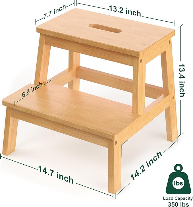 Bamboo 2 Step Stool for Kids & Adults, Wooden Kids Step Stool for Bathroom & Kitchen, Bed Steps for High Beds, Portable with Handle, Non-Slip & 350 Ibs Capacity