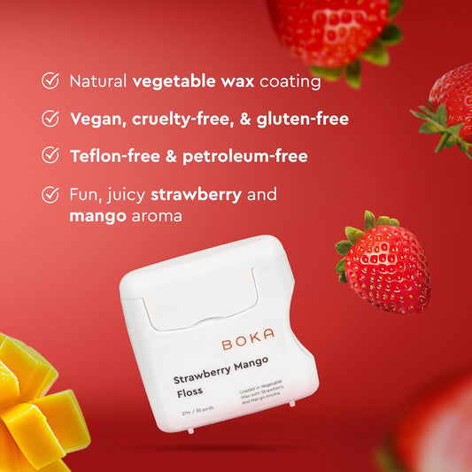 Boka Strawberry Mango Expandable Woven Dental Floss, Made from Natural Vegetable Wax, Teflon-Free, 30 Yards of Waxed Floss (Pack of 1)
