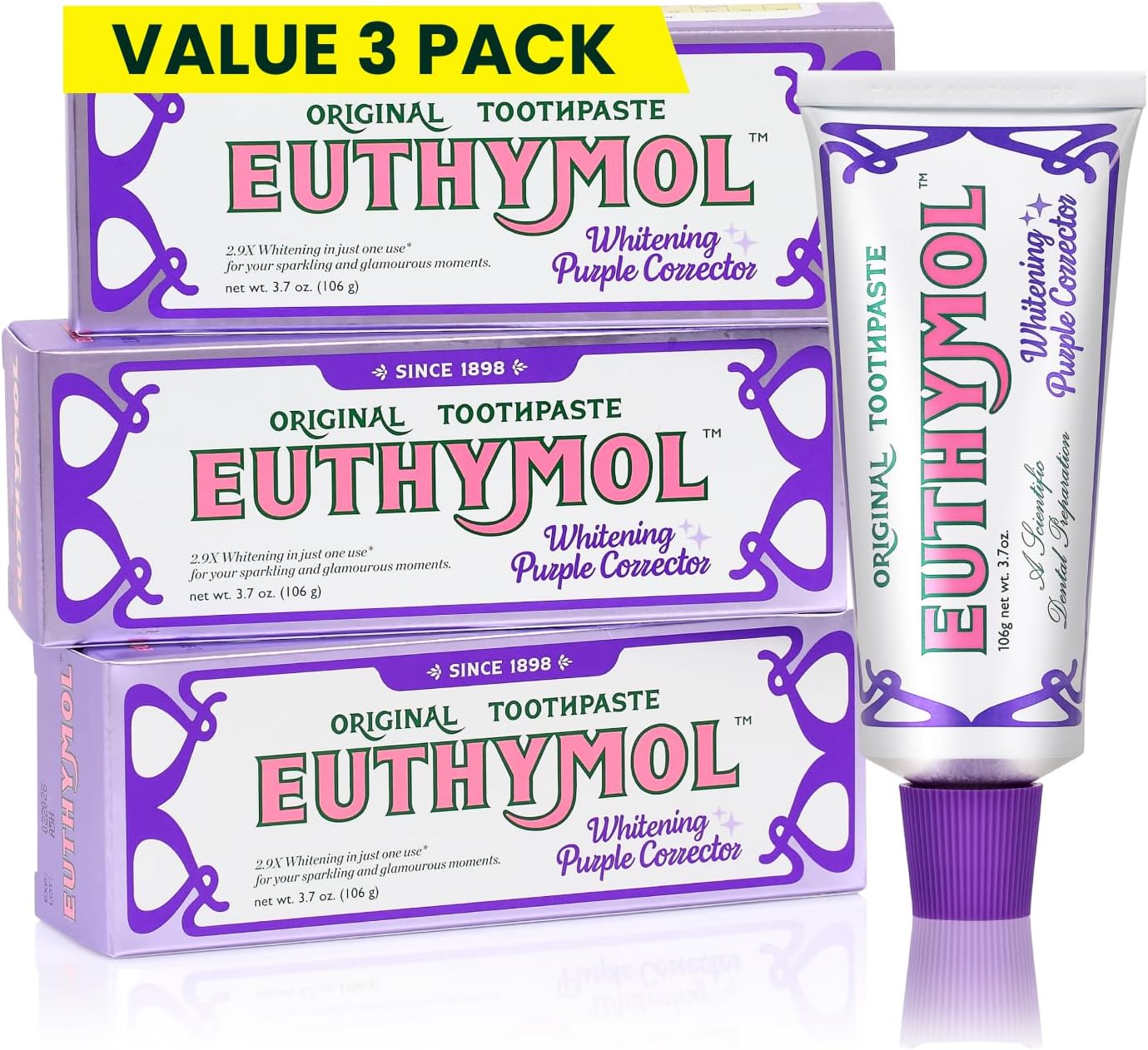 Euthymol Purple Whitening Toothpaste – for Yellow & Sensitive Teeth | Violet Tone-Up Formula, Instantly Brightens, 24H Stain Defense, Long-Lasting Fresh Breath (3.7 Fl oz*3, Pack of 3)
