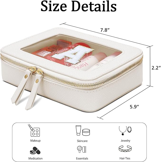 Initial Travel Toiletry Bag - Cosmetic Bags for Girls with Zipper, Clear & Potable Makeup Bag for Travel, Cosmetic Pouch Perfect Gifts for Graduation (Beige, A)