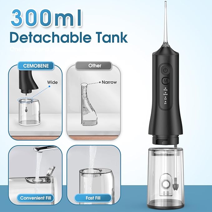 Water Flosser, Rechargeable 300ML IPX7 Waterproof Cordless Portable Oral Irrigator with 4 Modes & 6 Replaceable Jet Tips-Professional Flossing Cleaner for Daily Home Use,Travel,Gums,Braces Care(Black)