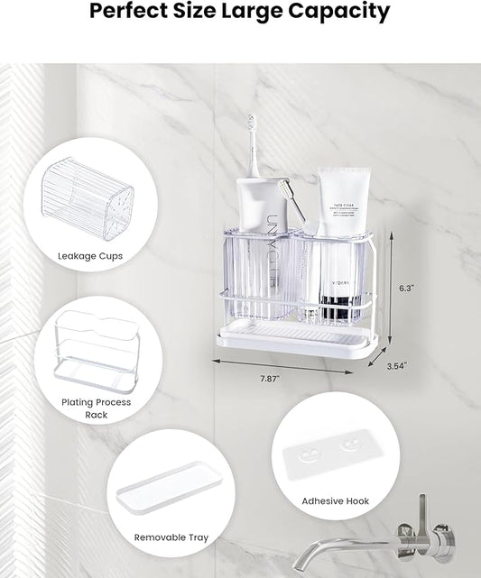 KONE Clear Toothbrush Holders for Bathroom, 2 Cups Wall Mounted, Dry & Wet Separation, Organizers and Storage Set for Family Kids