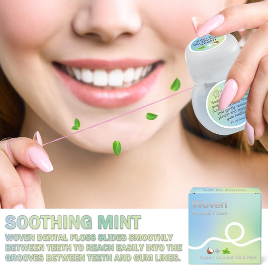 Dr. Emma Woven Dental Floss Coconut Oil Infused Expanding Dental Floss, Oral Care Stretchable Floss, Mint 33yd Blue, Pack of 4