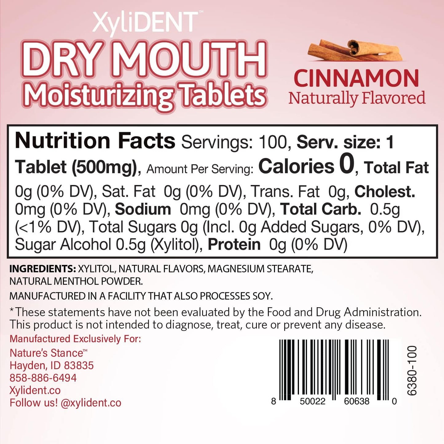 Nature's Stance XyliDENT Xylitol Tablets for Dry Mouth Relief - Stimulates Saliva, Freshens Breath, Reduces Acid Production, Fast Acting Relief, 100 Count (Cinnamon)