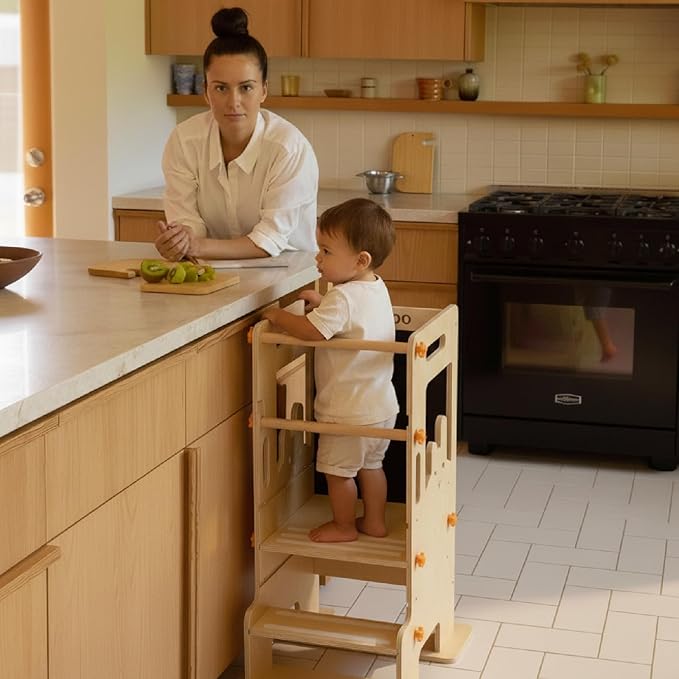 Kids Kitchen Step Stool - Learning Standing Tower with Blackboard, Height Adjustable Safety Rail Stool for Kids, Non-Slip Adjustable Stool for Kitchen, Bathroom