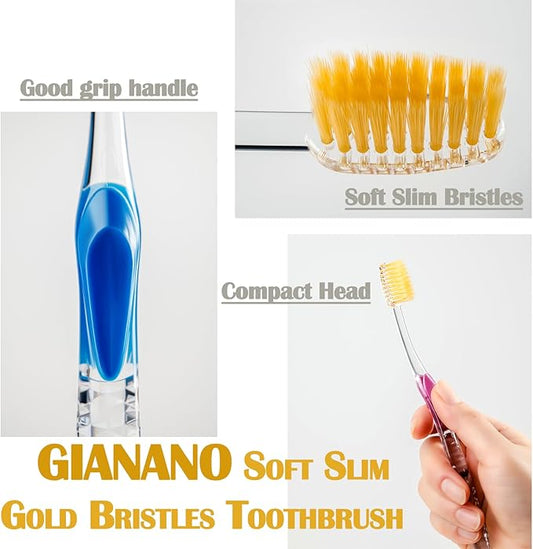 Soft Slim Gold Bristles Toothbrush for Sensitive Gums - Soft Slim Bristles, Compact Head, Toothbrushes for Adults / 8-Piece Set (Blue, Green, Pink, Violet x 2 Each)