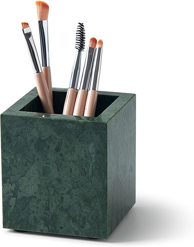 Real Natural Marble Toothbrush Holder & Pen Holder & Makeup Brush Holder, Genuine Stone Rectangular Bathroom Tumbler Cup, Durable Office & Home Countertop Organizer