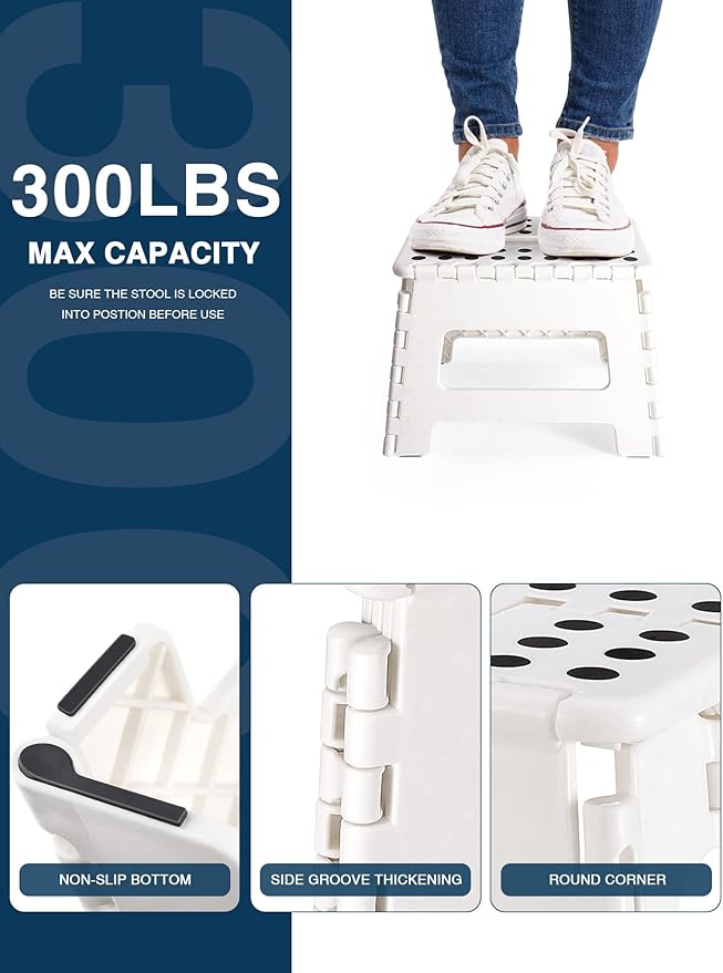 Dyforce Folding Step Stool 9 Inch, Kids Step Stool, Heavy Duty Step Stools for Adults, Compact Foot Stools, Light-Weight Toddler Step Stools for Kitchen, Bathroom, Holds Up to 300 lbs (White)