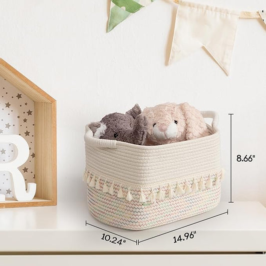 TeoKJ Woven Baskets for Storage, Set of 3 Cotton Rope Basket with Handle for Decor and Storage, Cute Baskets for Organizing in Classroom, Kitchen, Bathroom, White & Stitches Rainbow