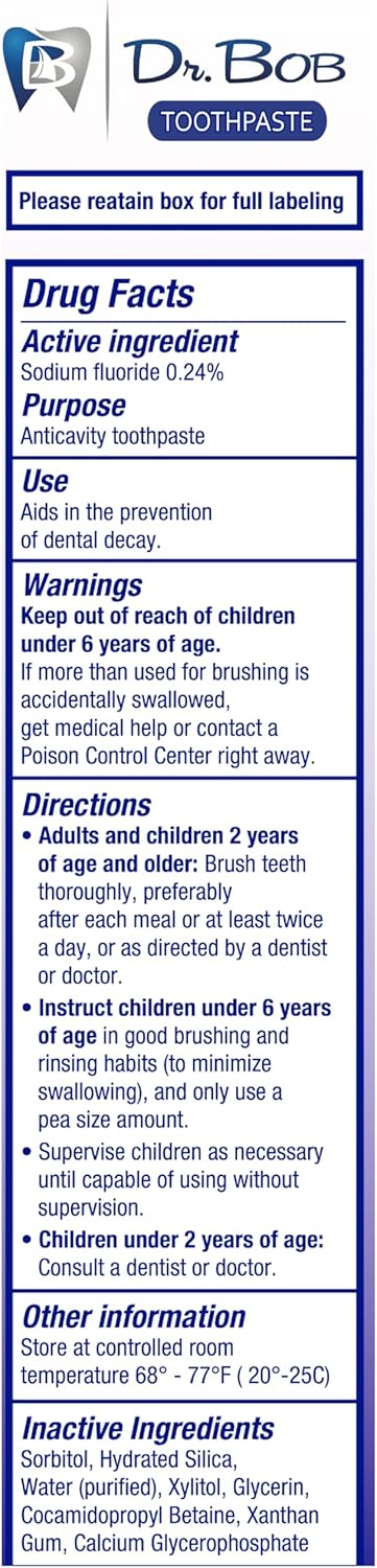 Dr. Bob Unflavored Anticavity Fluoride Toothpaste for Kids, Dentist-Recommended Toothpaste Gel with Xylitol for Sensitive Teeth, SLS-Free, Children and Adult Oral Care, 4 oz., 1-Pack
