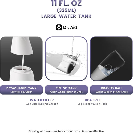 Dr. Aid Dental Water Flosser – Portable Oral Irrigator – 11Oz Tank, Water Filter, 5 Tips, Magnetic Charger – IPX8 Waterproof Cordless Water Flosser, Ideal Water Flossers for Teeth, Gums, Braces, White
