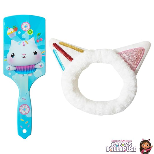 LUV HER Kids Hair Brush & Spa Headband Set for Girls - with Gabby's Dollhouse characther Cakey - Fun Grooming Kit for Detangling, Styling & Skincare - Soft & Stretchy One Size, Ages 3+