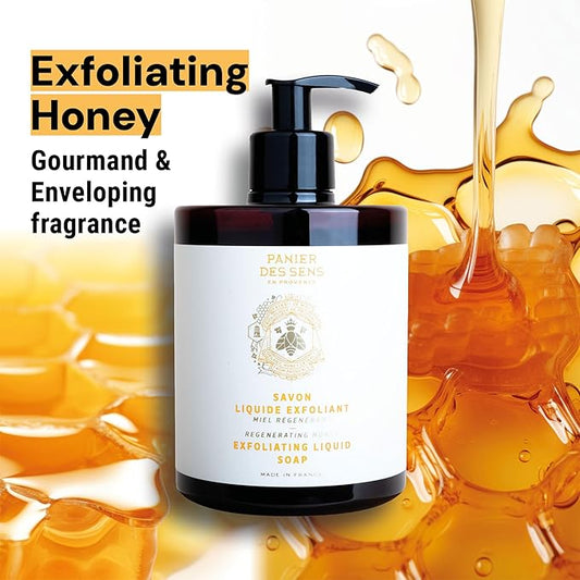Panier des Sens - Liquid Hand Soap – Honey Exfoliating Hand Wash - French Marseille Moisturizing Soap with Coconut Oil - Refillable Kitchen & Bathroom Hand Soap - 97% Natural Ingredients -16.9 Fl.oz