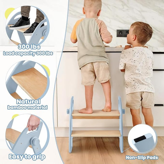 Wooden Step Stool, Two Step Stools, 300 lb. Load Capacity, with Safety Non-Slip Pads and Handles, Bamboo Step Stool for Bathroom and Kitchen, Children's Christmas Gift(Blue)