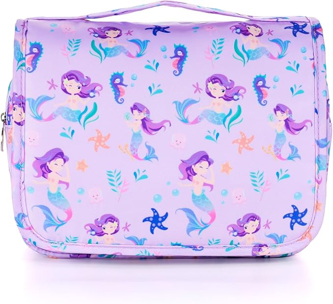 Kids Hanging Toiletry Bag for Girls, Travel Toiletry Bag for Little Young Girls Cosmetic Makeup Waterproof Wash Bag Toddler Traveling Toiletries, Mermaid Purple
