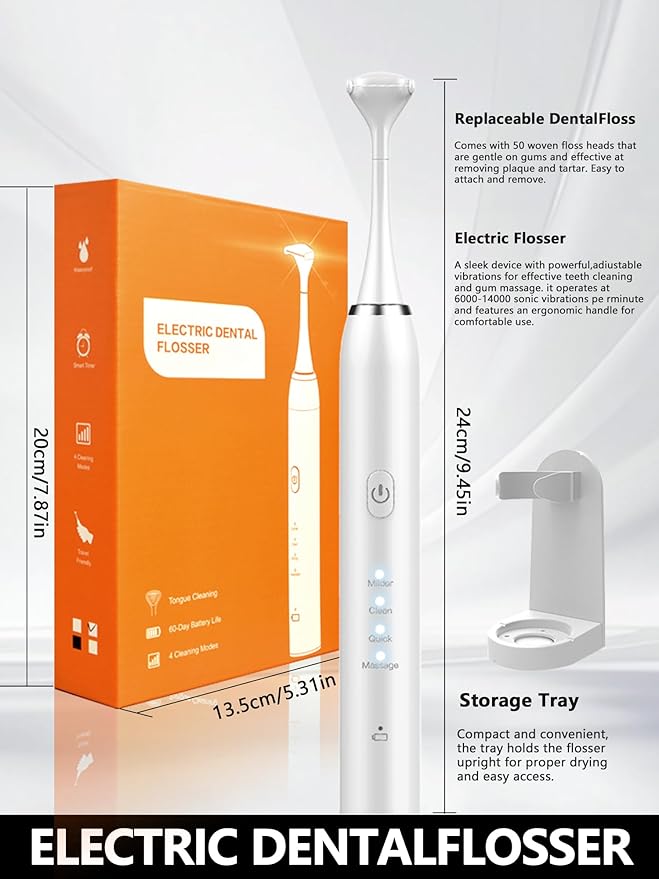 Electric Flosser for Teeth 4 Speeds,Electric Dental Flosser with 50 Replacement Heads,Rechargable Power Flosser for Teeth Cleaning Adults Men and Women