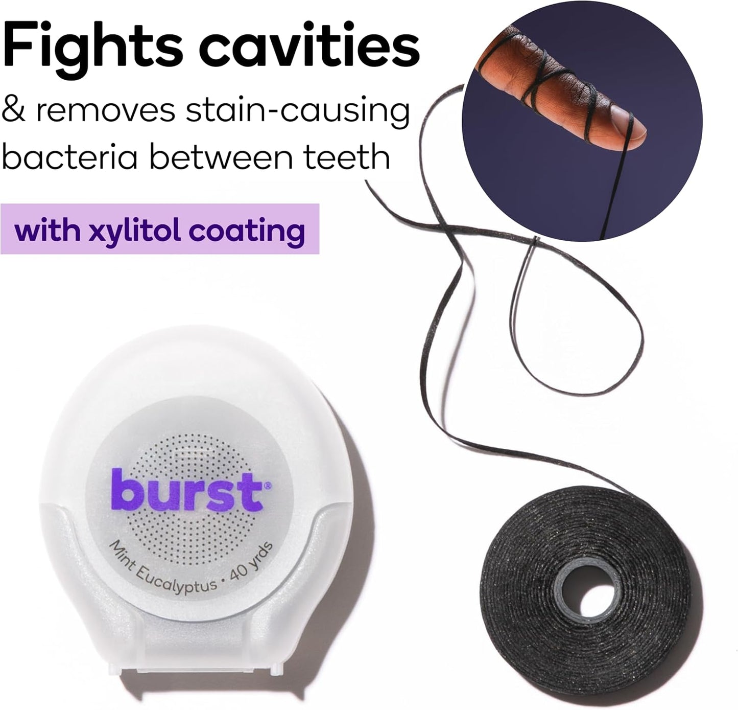 BURST Expanding Dental Floss (Mint Eucalyptus/40 Yards) | Stain Absorbing & Woven Tooth Floss with Xylitol Coating to Fight Cavities | Vegan | Paraben Free Expanding Floss