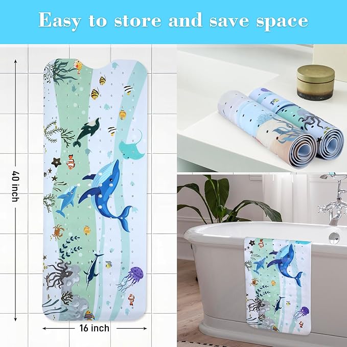 Bath Mat for Tub Non Slip, Machine Washable Anti-Slip Cartoon Baby Bathtub Shower Mat with Drain Holes and Suction Cups for Toddler & Kids (40 Inch x 16 Inch-Rectangular, Blue Dolphine)