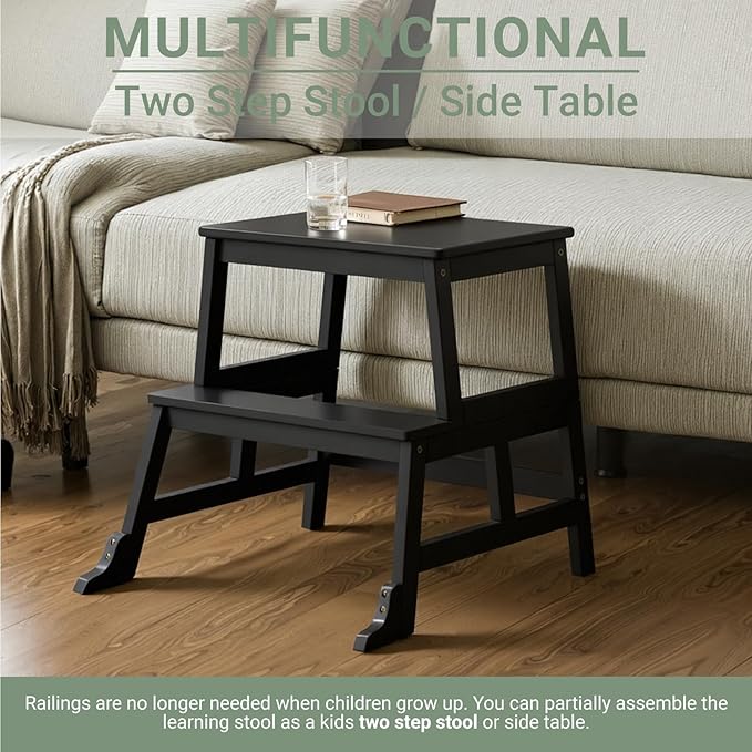 COSYLAND Kids Kitchen Step Stool Helper Baby and Toddler Multi-Function Step up Nursery Helper Stand with Safety Rail in Natural Bamboo, Strong and Lightweight 1.5-3 Years (Black)