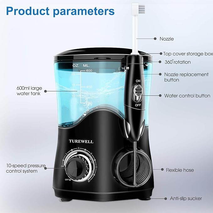 TUREWELL FC162 Water Dental Flosser for Teeth/Braces,10 Pressure Levels, 8 Water Jet Tips for Family, 600ML Electric Water Dental Oral Irrigator for Teeth-Clean (Black)