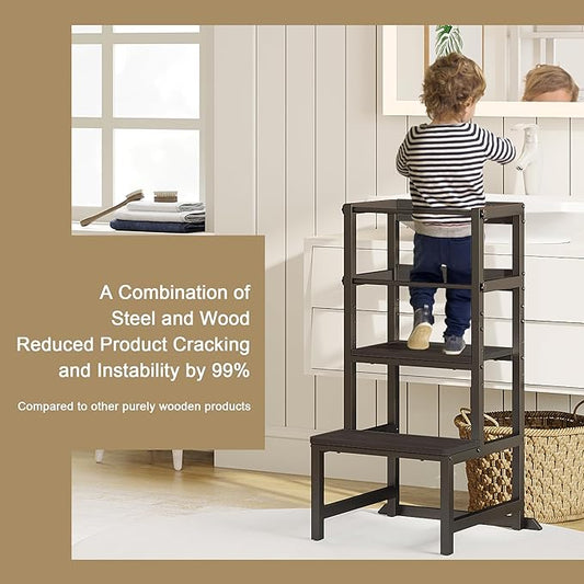 Kitchen Step Stool for Toddlers, Height Adjustable Toddler Tower with Safety Rail, Steel and Wood Toddler Kitchen Stool Helper Kids, Stool for Kids, Learning Tower, Kids' Desk Black