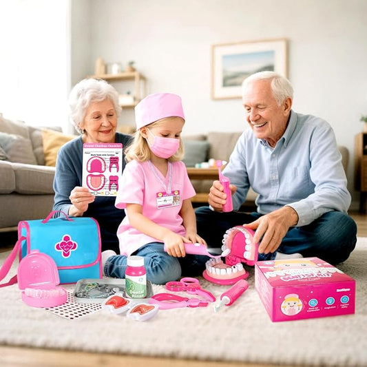 ULOVEME Pink Doctor Kit for Toddlers 3-5 with Costume - Dentist Kit for Kids with Teeth Model /Removable Teeth /Braces /Retainer - Toys for 4 Year Old Girls - Preschool Dramatic Play (Pink)
