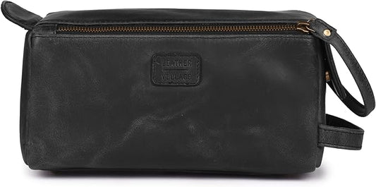 LEATHER VILLAGE Premium Leather Travel Toiletry Bag - Unisex Water-Resistant Travel Dopp Kit, Shaving & Cosmetic Organizer for Men & Women - Compact Bathroom Essentials - Distressed Black